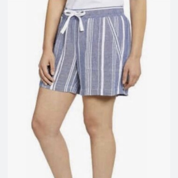 Nautica Womens Shorts Striped Blue/White Linen Blend Pull On-NWT - Picture 1 of 7